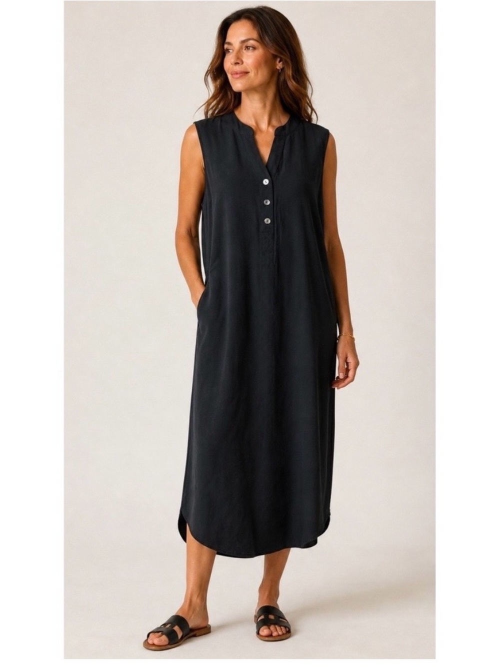 J. Jill women’s medium Sleeveless Black Button Front Midi Dress with pockets